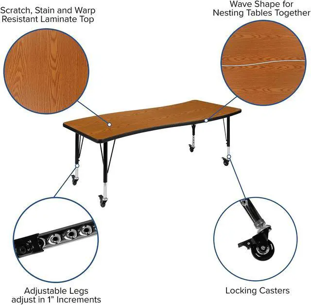 Alt view image 7 of 14 - Mobile 26"W x 60"L Rectangular Wave Flexible Collaborative Oak Laminate Activity Table - Height Adjustable Short Legs