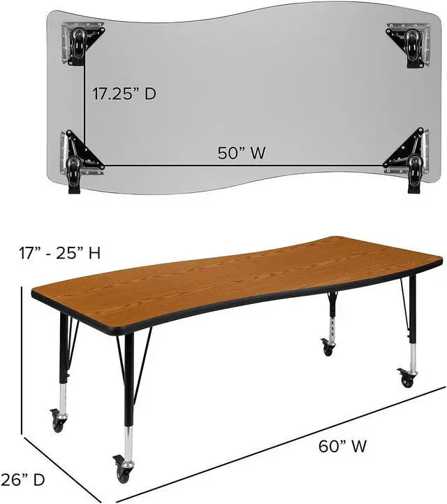Alt view image 8 of 14 - Mobile 26"W x 60"L Rectangular Wave Flexible Collaborative Oak Laminate Activity Table - Height Adjustable Short Legs