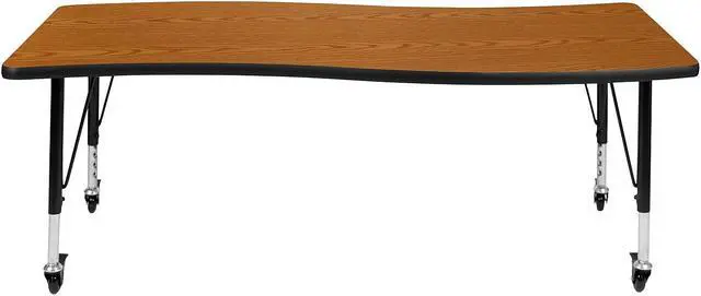 Alt view image 10 of 14 - Mobile 26"W x 60"L Rectangular Wave Flexible Collaborative Oak Laminate Activity Table - Height Adjustable Short Legs