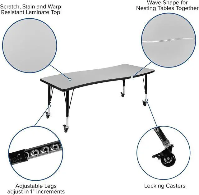 Alt view image 7 of 14 - Mobile 26"W x 60"L Rectangular Wave Flexible Collaborative Grey Laminate Activity Table - Height Adjustable Short Legs