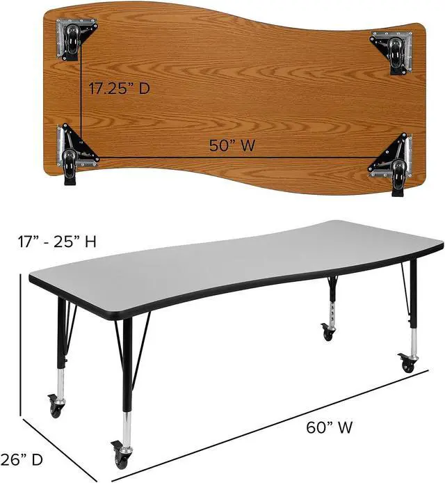 Alt view image 8 of 14 - Mobile 26"W x 60"L Rectangular Wave Flexible Collaborative Grey Laminate Activity Table - Height Adjustable Short Legs