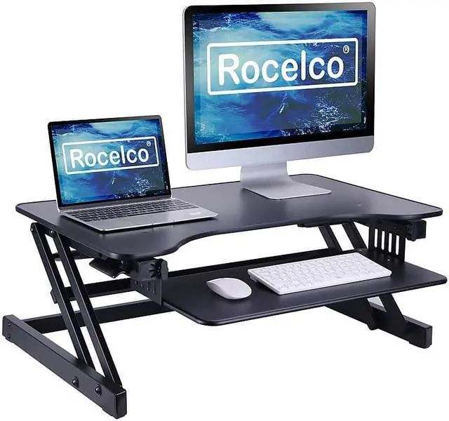 Alt view image 9 of 15 - Rocelco Height Adjustable Standing Desk Riser - ADR 32" wide - Black Finish - with Bonus Screen Cleaner
