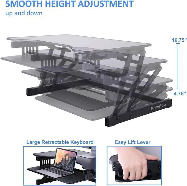 Alt view image 10 of 15 - Rocelco Height Adjustable Standing Desk Riser - ADR 32" wide - Black Finish - with Bonus Screen Cleaner