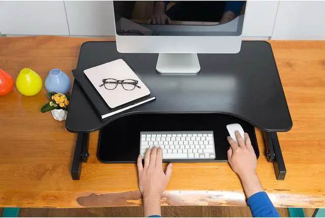 Alt view image 13 of 15 - Rocelco Height Adjustable Standing Desk Riser - ADR 32" wide - Black Finish - with Bonus Screen Cleaner