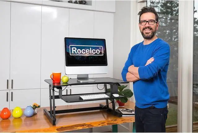 Alt view image 14 of 15 - Rocelco Height Adjustable Standing Desk Riser - ADR 32" wide - Black Finish - with Bonus Screen Cleaner