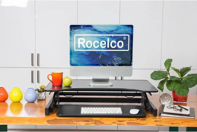 Alt view image 15 of 15 - Rocelco Height Adjustable Standing Desk Riser - ADR 32" wide - Black Finish - with Bonus Screen Cleaner