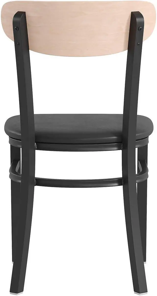 Alt view image 11 of 20 - Wright Commercial Dining Chair with 500 LB. Capacity Black Steel Frame, Natural Birch Finish Wooden Boomerang Back, and Black Vinyl Seat