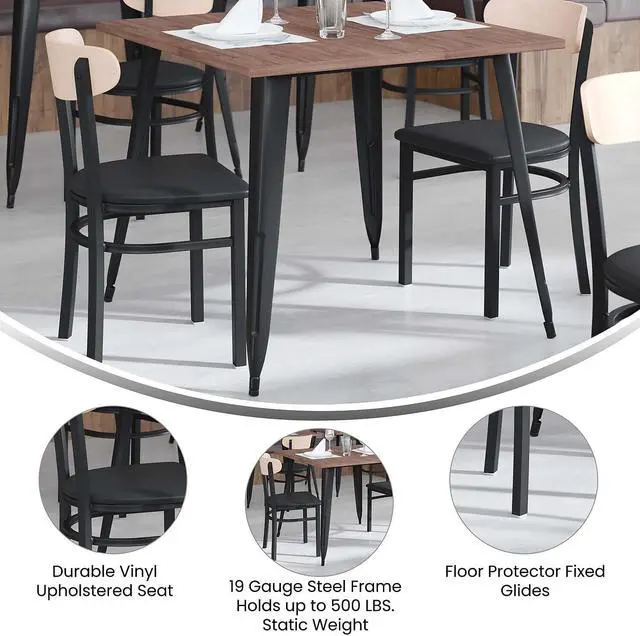 Alt view image 9 of 20 - Wright Commercial Dining Chair with 500 LB. Capacity Black Steel Frame, Natural Birch Finish Wooden Boomerang Back, and Black Vinyl Seat