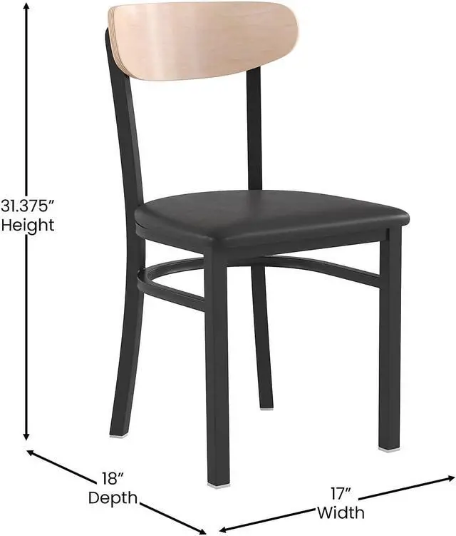 Alt view image 10 of 20 - Wright Commercial Dining Chair with 500 LB. Capacity Black Steel Frame, Natural Birch Finish Wooden Boomerang Back, and Black Vinyl Seat