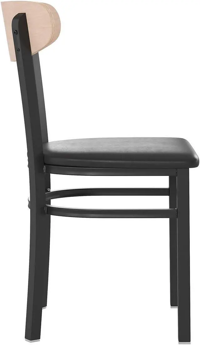 Alt view image 12 of 20 - Wright Commercial Dining Chair with 500 LB. Capacity Black Steel Frame, Natural Birch Finish Wooden Boomerang Back, and Black Vinyl Seat