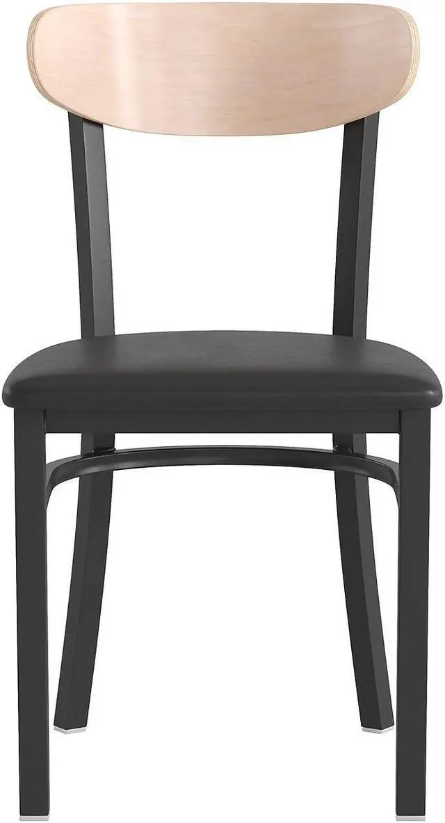 Alt view image 13 of 20 - Wright Commercial Dining Chair with 500 LB. Capacity Black Steel Frame, Natural Birch Finish Wooden Boomerang Back, and Black Vinyl Seat