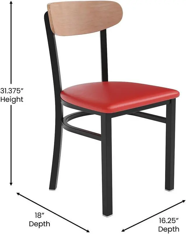 Alt view image 9 of 20 - Wright Commercial Dining Chair with 500 LB. Capacity Black Steel Frame, Natural Birch Finish Wooden Boomerang Back, and Red Vinyl Seat