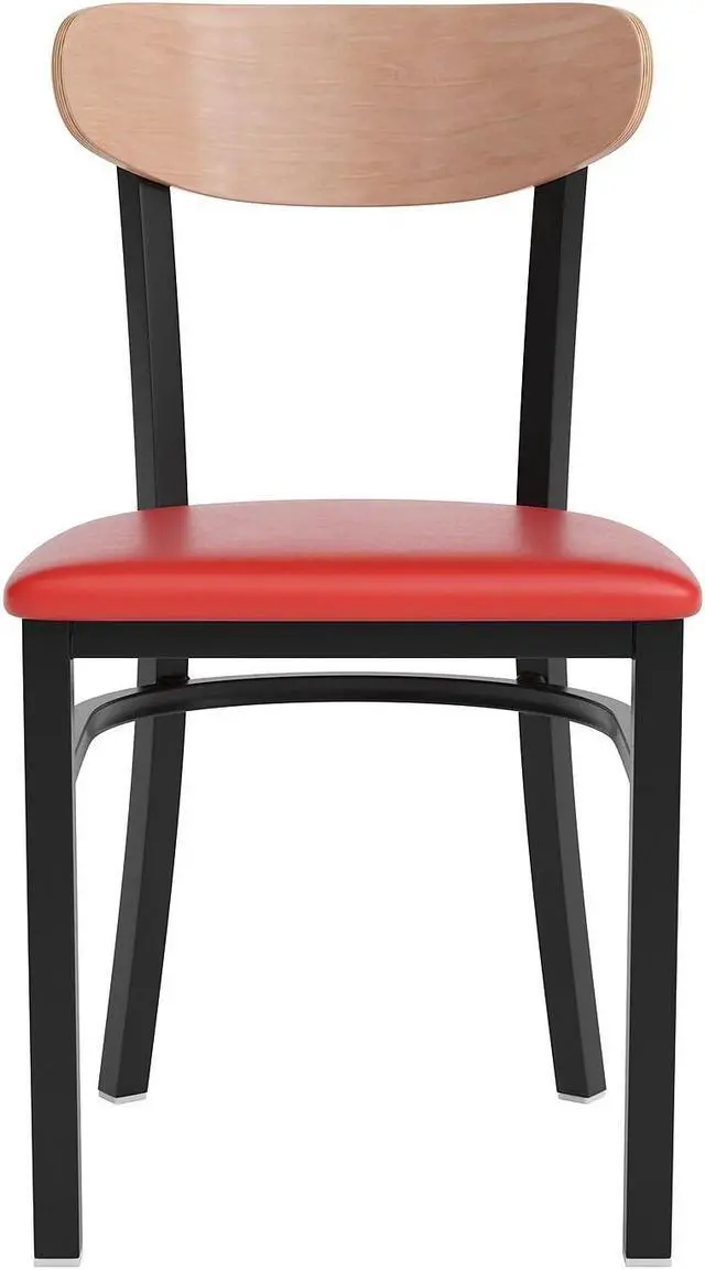 Alt view image 12 of 20 - Wright Commercial Dining Chair with 500 LB. Capacity Black Steel Frame, Natural Birch Finish Wooden Boomerang Back, and Red Vinyl Seat