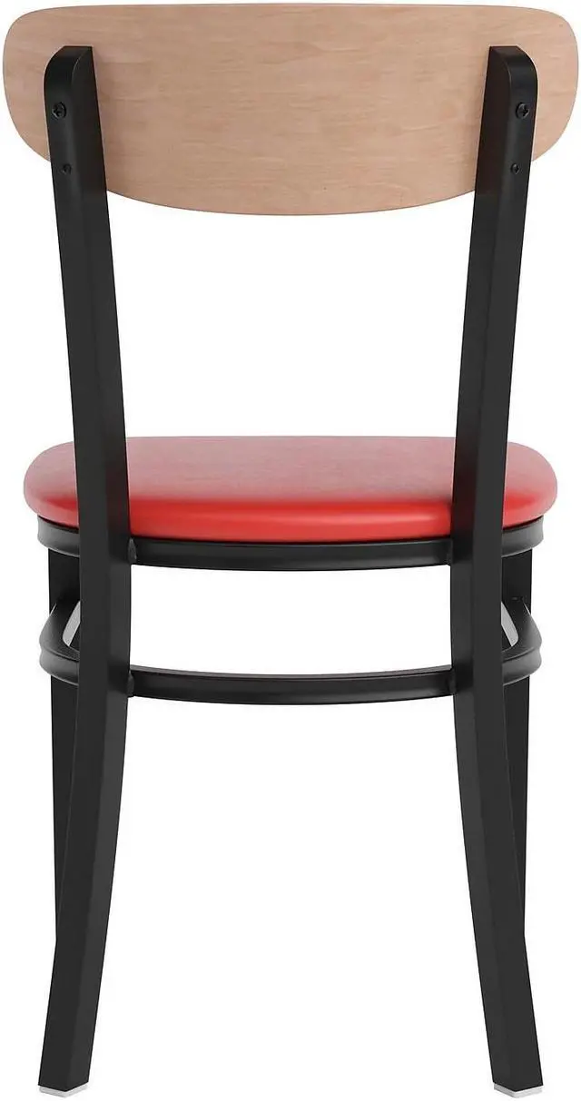 Alt view image 10 of 20 - Wright Commercial Dining Chair with 500 LB. Capacity Black Steel Frame, Natural Birch Finish Wooden Boomerang Back, and Red Vinyl Seat