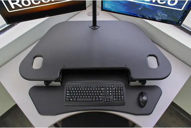 Alt view image 17 of 18 - Rocelco Corner Adjustable Desk Riser 46" Wide with Extended Vertical Range (Black)