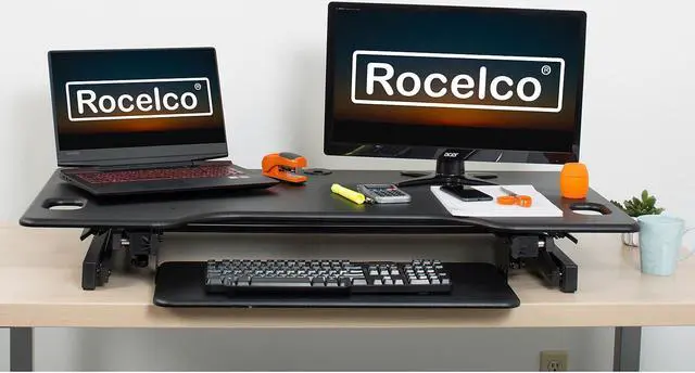 Alt view image 16 of 17 - Rocelco Deluxe 46" wide Height Adjustable Standing Desk Riser with Extended Vertical Range (Black)
