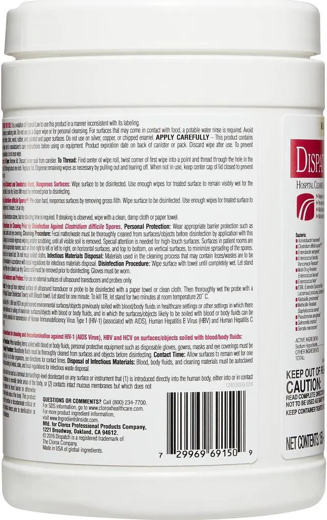 Alt view image 19 of 20 - Clorox CLO 69150 Dispatch Hospital Cleaner Disinfectant Towels with Bleach Wipes Canister (150 CT.)