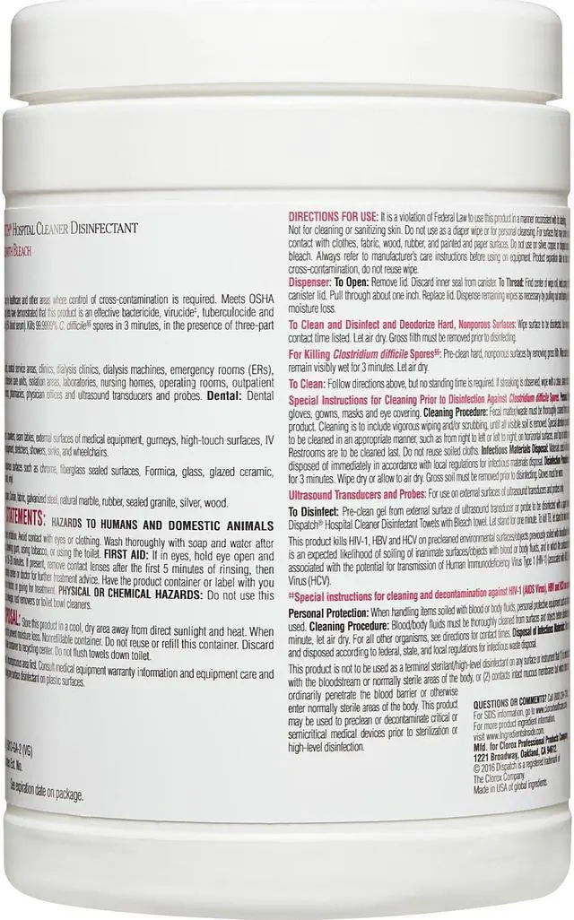 Alt view image 18 of 20 - Clorox CLO 69150 Dispatch Hospital Cleaner Disinfectant Towels with Bleach Wipes Canister (150 CT.)
