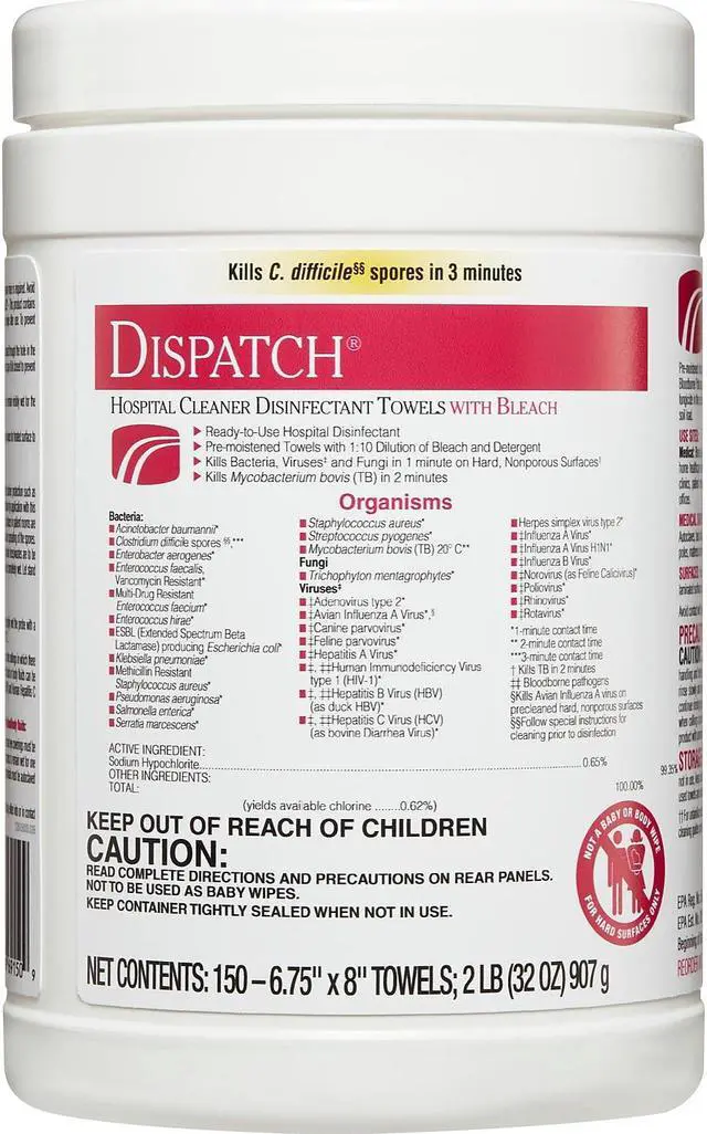 Alt view image 16 of 20 - Clorox CLO 69150 Dispatch Hospital Cleaner Disinfectant Towels with Bleach Wipes Canister (150 CT.)