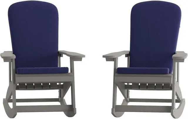 Alt view image 7 of 13 - Savannah Set of 2 All-Weather Poly Resin Wood Adirondack Rocking Chairs in Gray with Blue Cushions for Deck, Porch, and Patio