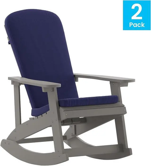 Alt view image 8 of 13 - Savannah Set of 2 All-Weather Poly Resin Wood Adirondack Rocking Chairs in Gray with Blue Cushions for Deck, Porch, and Patio