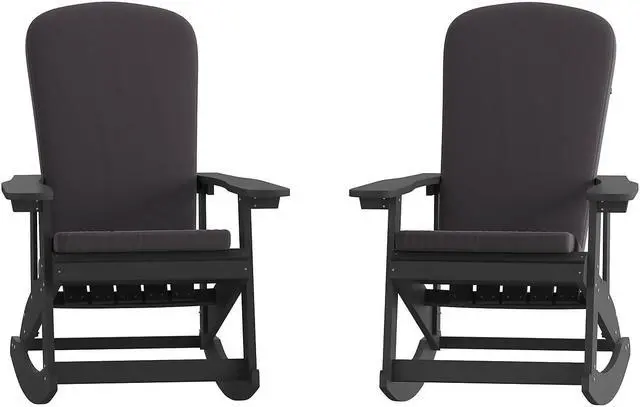 Alt view image 7 of 13 - Savannah Set of 2 All-Weather Poly Resin Wood Adirondack Rocking Chairs in Black with Gray Cushions for Deck, Porch, and Patio
