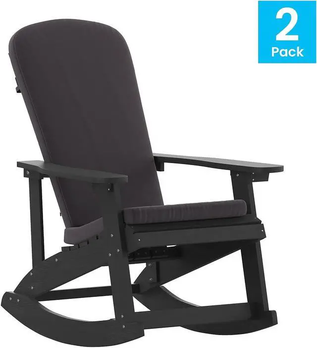 Alt view image 8 of 13 - Savannah Set of 2 All-Weather Poly Resin Wood Adirondack Rocking Chairs in Black with Gray Cushions for Deck, Porch, and Patio