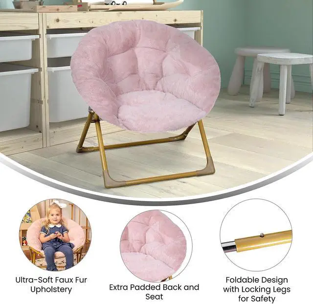 Alt view image 13 of 20 - Gwen 23" Kids Cozy Mini Folding Saucer Chair, Faux Fur Moon Chair for Toddlers and Bedroom, Blush/Soft Gold