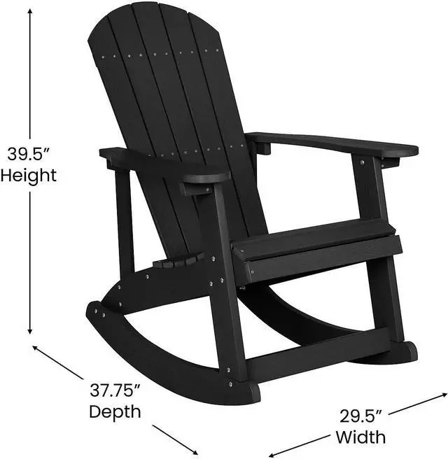Alt view image 12 of 13 - Savannah Set of 2 All-Weather Poly Resin Wood Adirondack Rocking Chairs in Black with Gray Cushions for Deck, Porch, and Patio