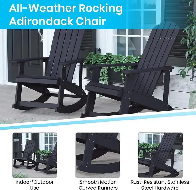 Alt view image 10 of 13 - Savannah Set of 2 All-Weather Poly Resin Wood Adirondack Rocking Chairs in Black with Gray Cushions for Deck, Porch, and Patio
