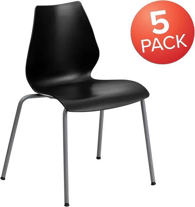 Alt view image 4 of 14 - Flash Furniture 5 Pk. HERCULES Series 770 lb. Capacity Black Stack Chair with Lumbar Support and Silver Frame