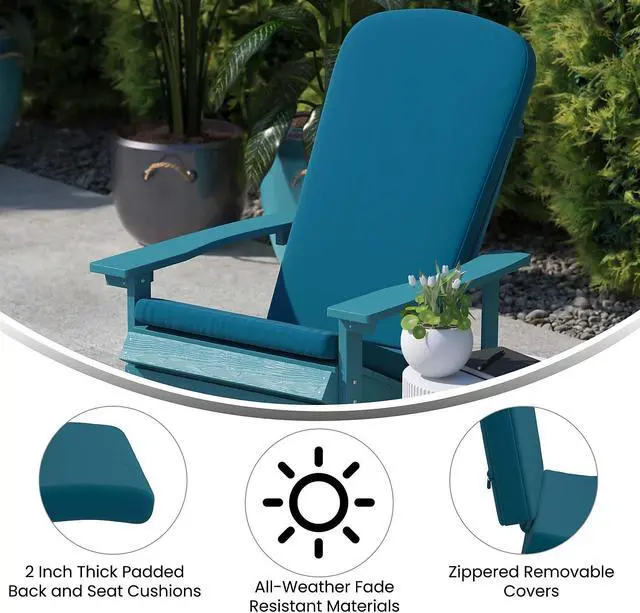 Alt view image 11 of 20 - Savannah Set of 2 All-Weather Poly Resin Wood Adirondack Rocking Chairs in White with Teal Cushions for Deck, Porch, and Patio