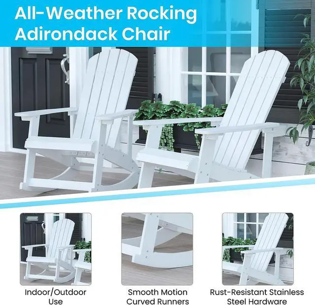 Alt view image 10 of 20 - Savannah Set of 2 All-Weather Poly Resin Wood Adirondack Rocking Chairs in White with Teal Cushions for Deck, Porch, and Patio