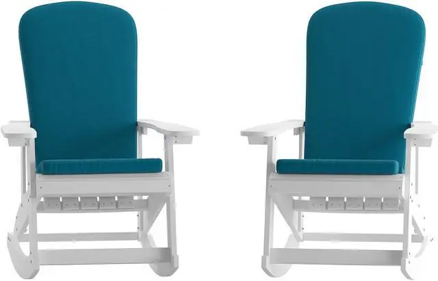 Alt view image 7 of 20 - Savannah Set of 2 All-Weather Poly Resin Wood Adirondack Rocking Chairs in White with Teal Cushions for Deck, Porch, and Patio