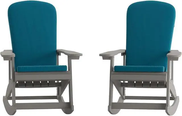 Alt view image 7 of 20 - Savannah Set of 2 All-Weather Poly Resin Wood Adirondack Rocking Chairs in Gray with Teal Cushions for Deck, Porch, and Patio