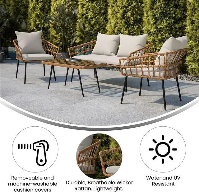 Alt view image 8 of 19 - Evin Boho 4 Piece Indoor/Outdoor Rope Rattan Patio Conversation Set with Tempered Glass Top Coffee Table and Gray Cushions, Natural