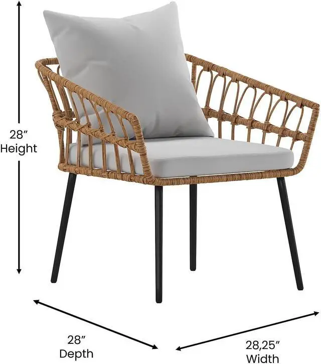Alt view image 10 of 19 - Evin Boho 4 Piece Indoor/Outdoor Rope Rattan Patio Conversation Set with Tempered Glass Top Coffee Table and Gray Cushions, Natural