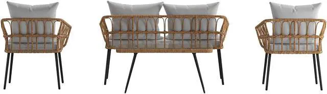 Alt view image 12 of 19 - Evin Boho 4 Piece Indoor/Outdoor Rope Rattan Patio Conversation Set with Tempered Glass Top Coffee Table and Gray Cushions, Natural