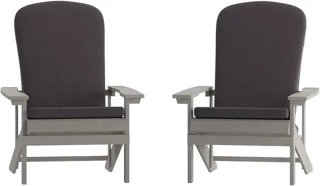 Alt view image 7 of 20 - Charlestown Set of 2 All-Weather Poly Resin Wood Adirondack Chairs in Gray with Gray Cushions for Deck, Porch, and Patio