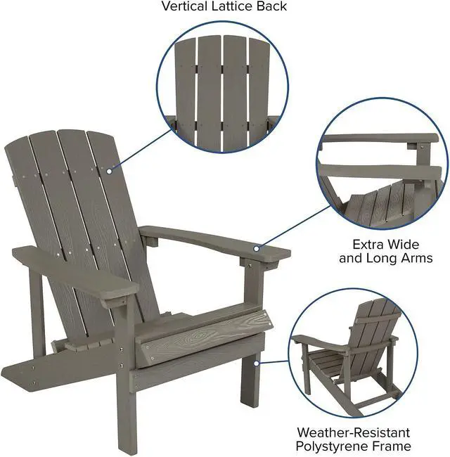 Alt view image 10 of 20 - Charlestown Set of 2 All-Weather Poly Resin Wood Adirondack Chairs in Gray with Gray Cushions for Deck, Porch, and Patio