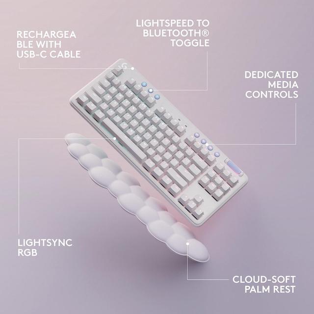 Alt view image 15 of 20 - Logitech G715 Wireless Mechanical Gaming Keyboard with LIGHTSYNC RGB Lighting, Lightspeed, Tactile Switches (GX Brown), and Keyboard Palm Rest, PC and Mac Compatible, White Mist
