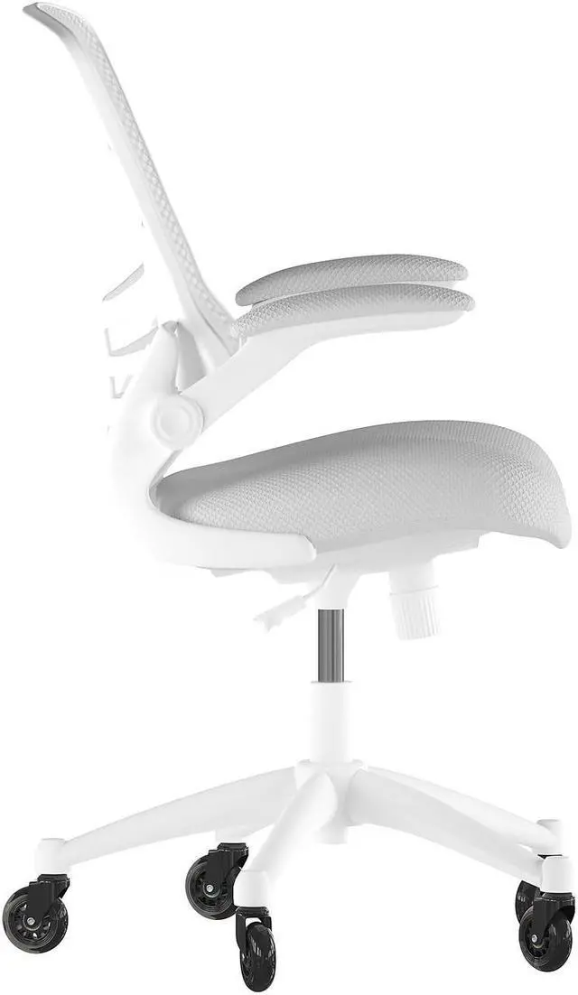 Alt view image 11 of 20 - Kelista Mid-Back Light Gray Mesh Swivel Ergonomic Task Office Chair with White Frame, Flip-Up Arms, and Transparent Roller Wheels