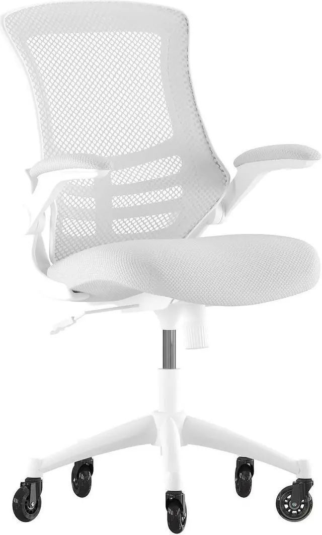 Alt view image 7 of 20 - Kelista Mid-Back Light Gray Mesh Swivel Ergonomic Task Office Chair with White Frame, Flip-Up Arms, and Transparent Roller Wheels