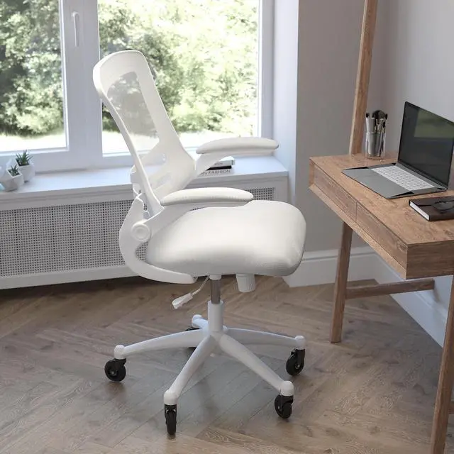 Alt view image 13 of 20 - Kelista Mid-Back Light Gray Mesh Swivel Ergonomic Task Office Chair with White Frame, Flip-Up Arms, and Transparent Roller Wheels