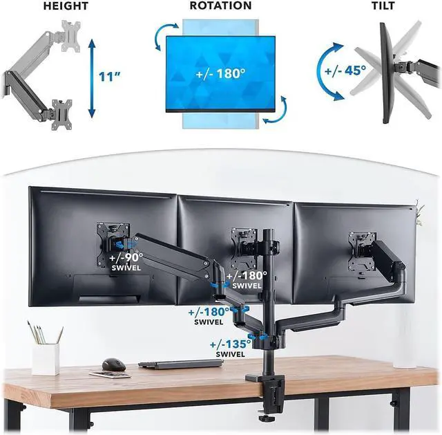 Alt view image 14 of 15 - Mount-It! Adjustable Triple Monitor Mount with Gas Spring Arms Up to 27" Black (MI-4753B)