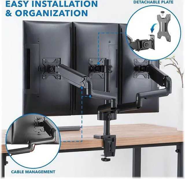 Alt view image 12 of 15 - Mount-It! Adjustable Triple Monitor Mount with Gas Spring Arms Up to 27" Black (MI-4753B)