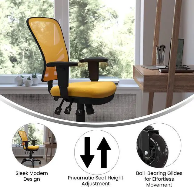 Alt view image 9 of 20 - Nicholas Mid-Back Yellow-Orange Mesh Multifunction Executive Swivel Ergonomic Office Chair with Adjustable Arms and Transparent Roller Wheels