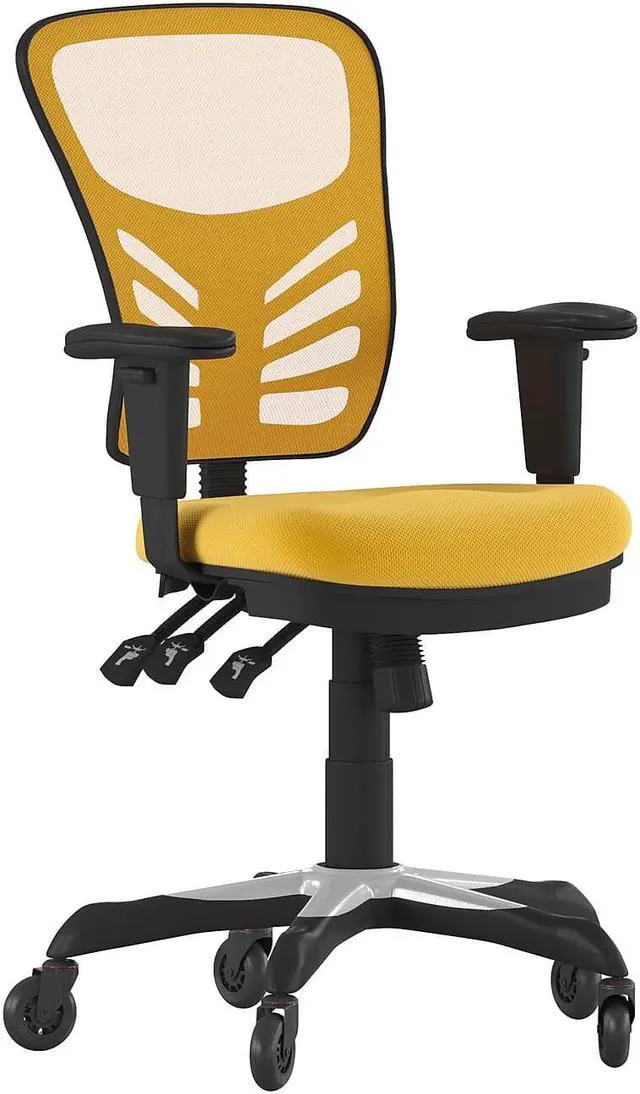 Alt view image 7 of 20 - Nicholas Mid-Back Yellow-Orange Mesh Multifunction Executive Swivel Ergonomic Office Chair with Adjustable Arms and Transparent Roller Wheels