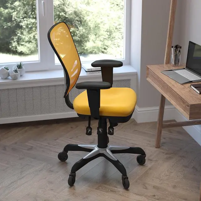 Alt view image 13 of 20 - Nicholas Mid-Back Yellow-Orange Mesh Multifunction Executive Swivel Ergonomic Office Chair with Adjustable Arms and Transparent Roller Wheels
