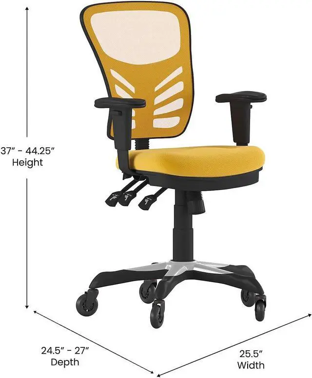 Alt view image 10 of 20 - Nicholas Mid-Back Yellow-Orange Mesh Multifunction Executive Swivel Ergonomic Office Chair with Adjustable Arms and Transparent Roller Wheels